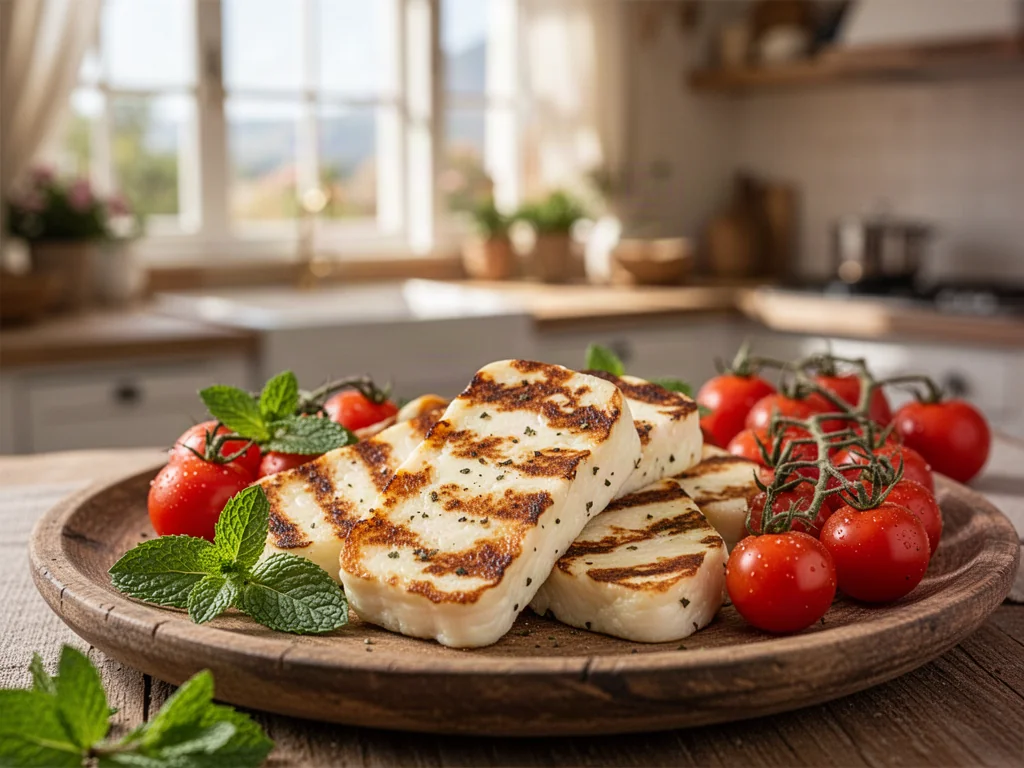 Złociste plastry grillowanego sera halloumi z pomidorkami koktajlowymi i świeżą miętą na drewnianym talerzu.