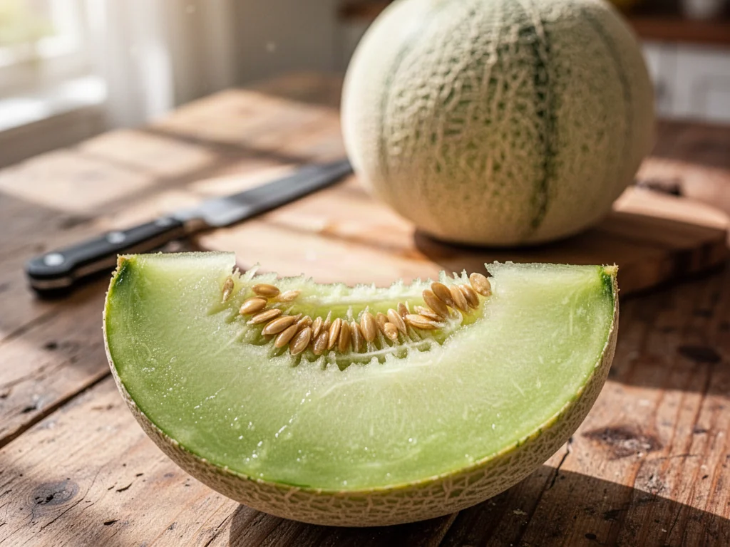Przekrojony dojrzały melon galia z soczystym, jasnozielonym miąższem i pestkami na drewnianym stole.
