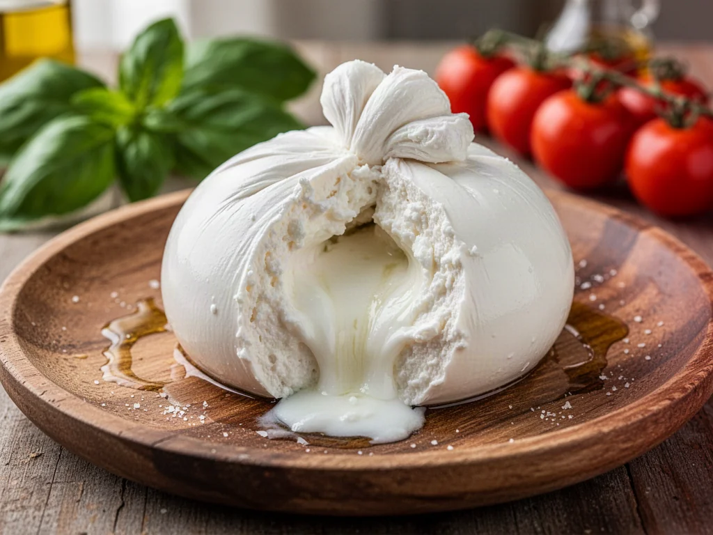 Świeża burrata z kremowym wnętrzem na drewnianym talerzu, podana z pomidorkami koktajlowymi i bazylią.