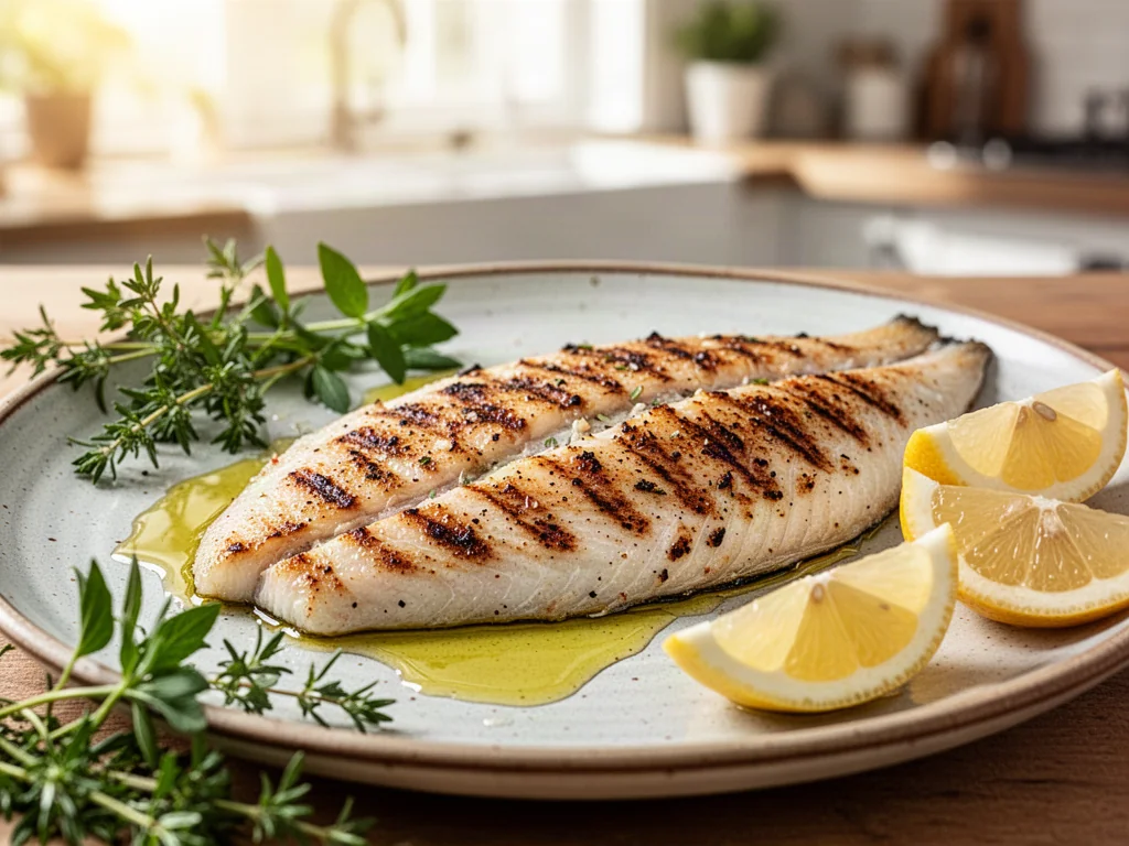 Apetyczny filet z grillowanej tilapii podany na ceramicznym talerzu z cytryną, świeżymi ziołami i oliwą.