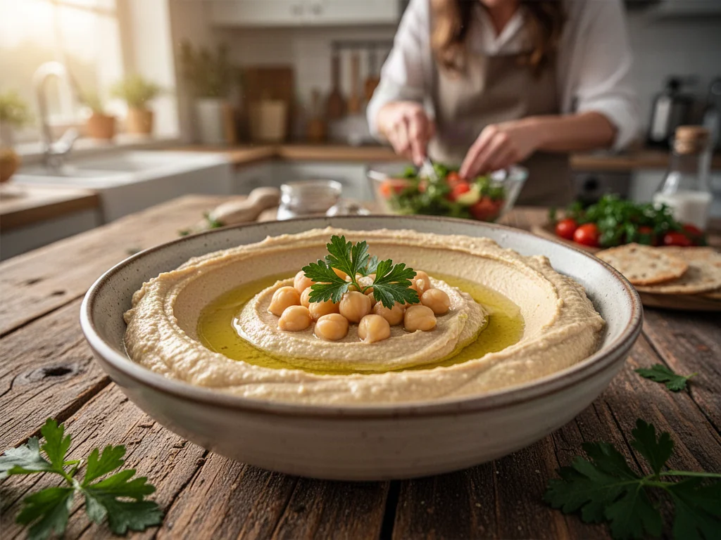 Miska kremowego hummusu z oliwą, ciecierzycą i natką pietruszki na drewnianym stole w słonecznej kuchni.