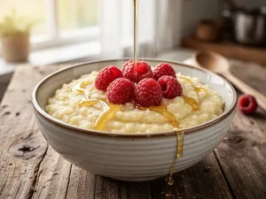 Świeża burrata z kremowym wnętrzem na drewnianym talerzu, podana z pomidorkami koktajlowymi i bazylią.